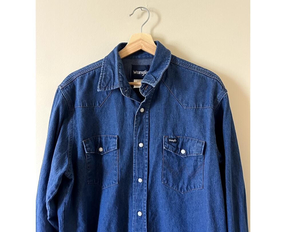 Dark Blue Wrangler Pearl-snap Button-up Shirt Western Cowboy Men's Large